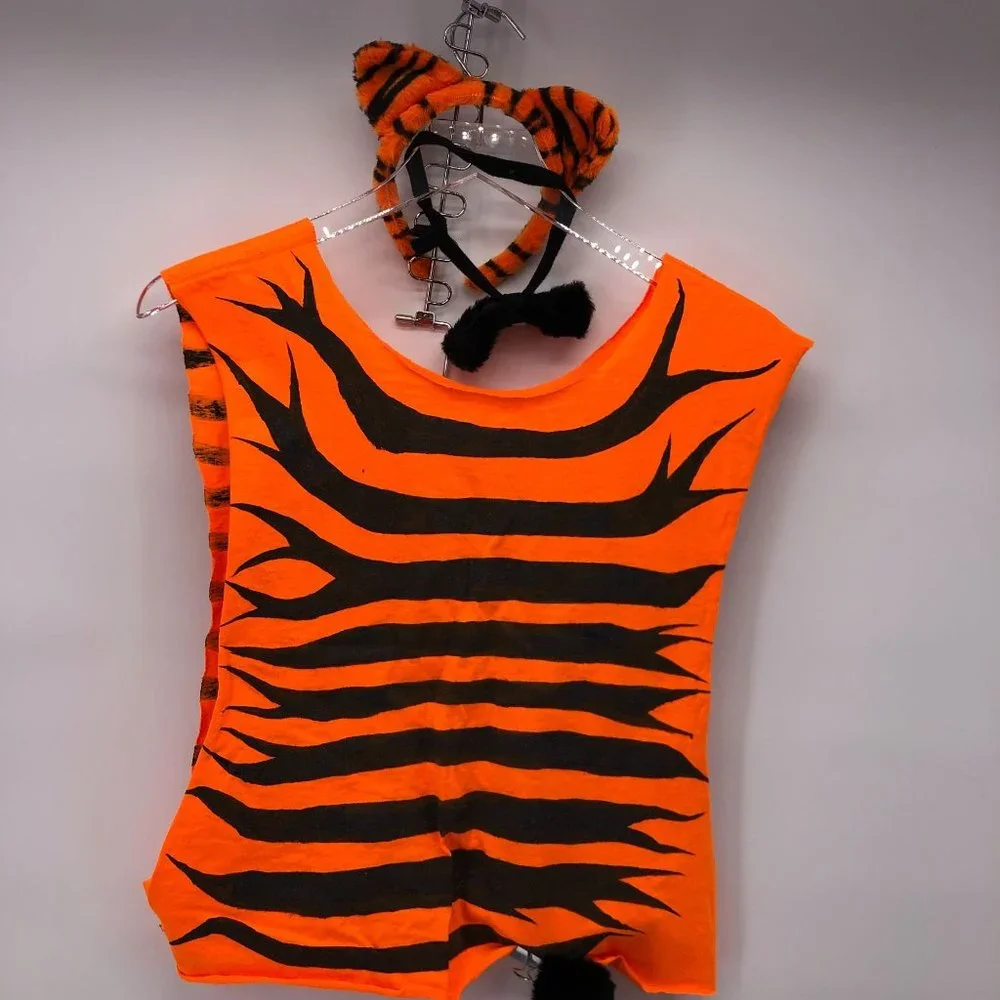 4 Piece Tiger Cat Costume Hand Painted & Cut Tee, Tail, Ears & Necktie Halloween